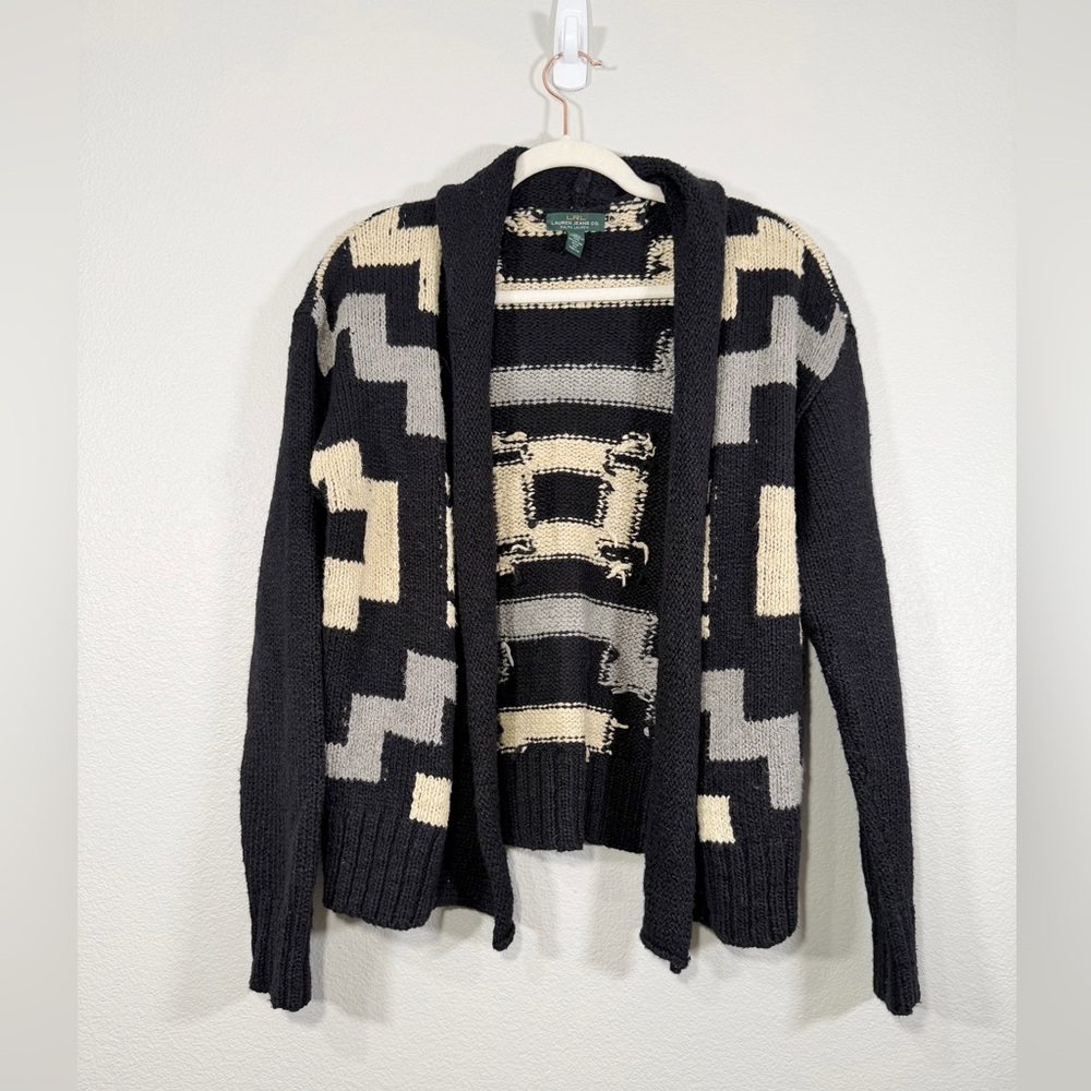 Ralph Lauren Cardigan Open Sweater Knit Black Gray Cream Shawl Geometric Women M